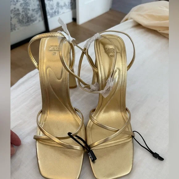 NWOT ZARA Gold Strappy High Heel Sandals - Picture 3 of 7